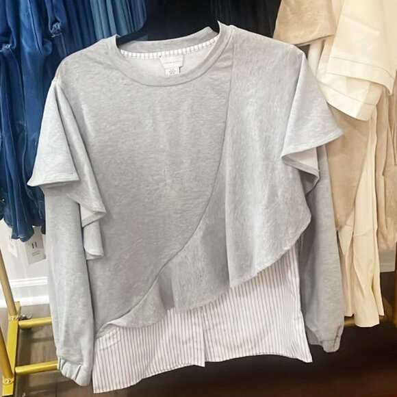 Chic Gray Ruffle Sweatshirt with Striped Hem - Picture 5 of 7